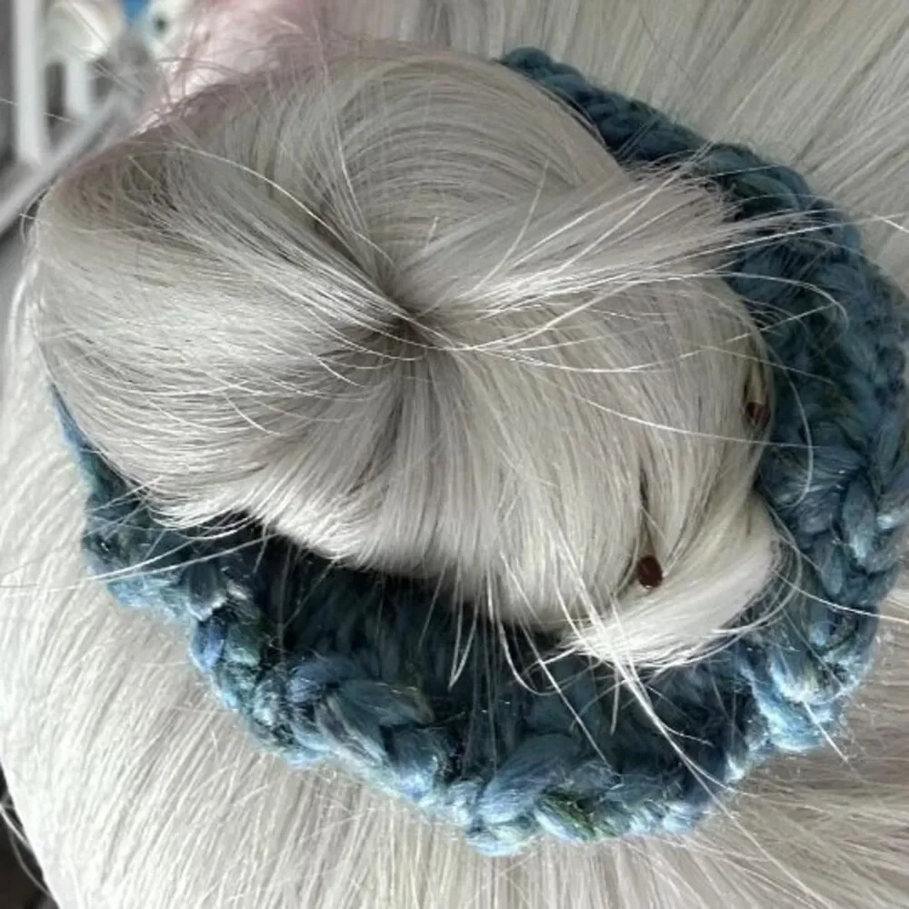 Handmade Crocheted Blue & Gray Scrunchies Set of 2, Mom Bun Holder, T-Shirt Tie